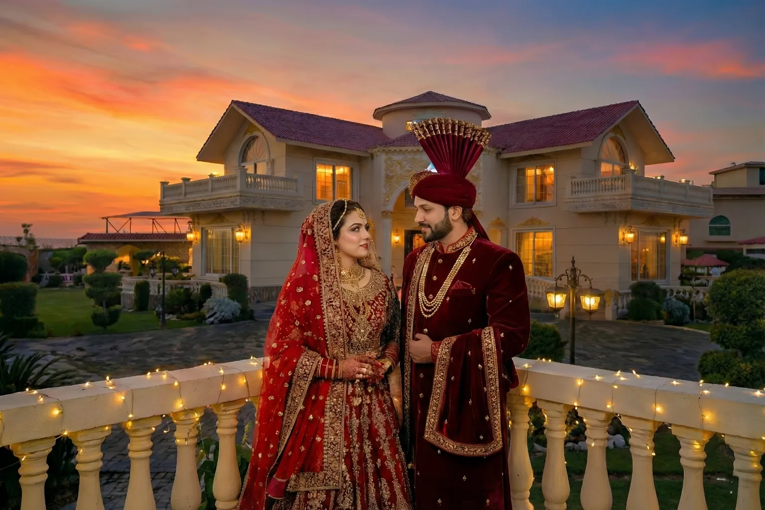Bride and groom enjoying a luxury wedding photoshoot at a royal farmhouse venue in Islamabad during sunset at AH Royal Resort