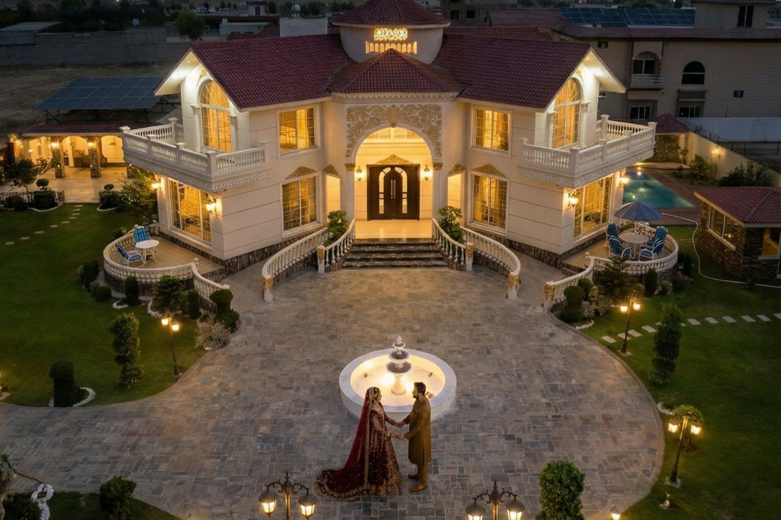 Bride and groom photoshoot at luxury farmhouse in Islamabad with elegant architecture at AH Royal Resort