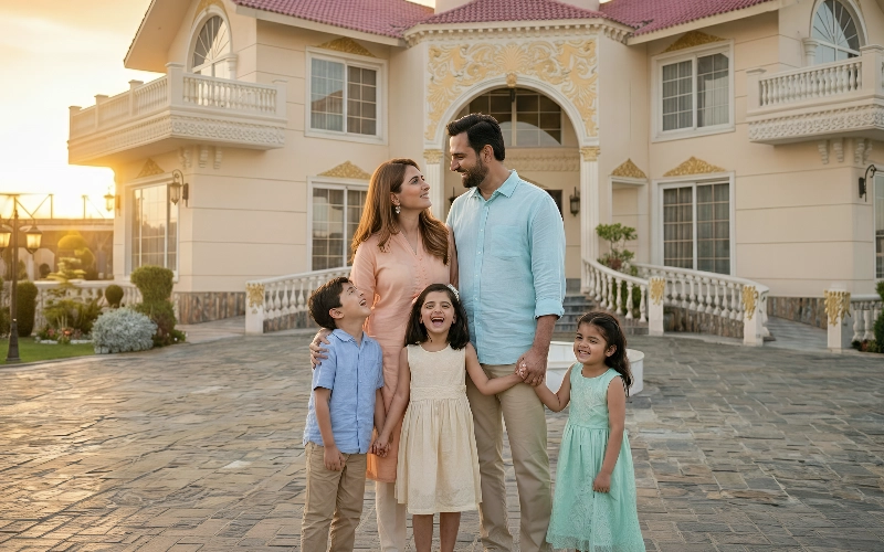 Happy family standing outside a luxury farmhouse, enjoying a natural outdoor photoshoot with elegant architecture and warm sunset lighting