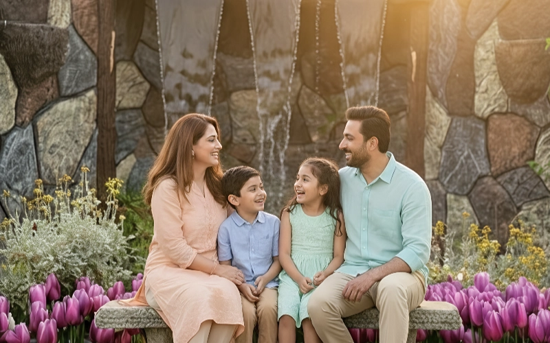 Happy family sitting on a garden bench near a waterfall, capturing a joyful outdoor photoshoot moment with children and parents