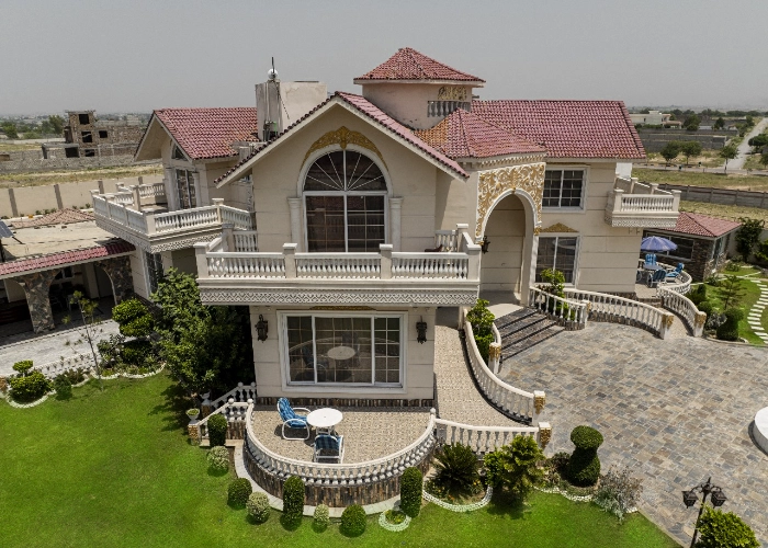 Luxury farmhouse in Islamabad with terrace and garden view, ideal location for premium outdoor brand photoshoots