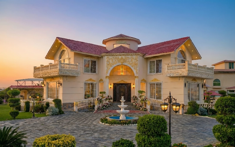Luxury farmhouse in Islamabad with elegant architecture and landscaped garden, ideal for brand photoshoots and premium stays
