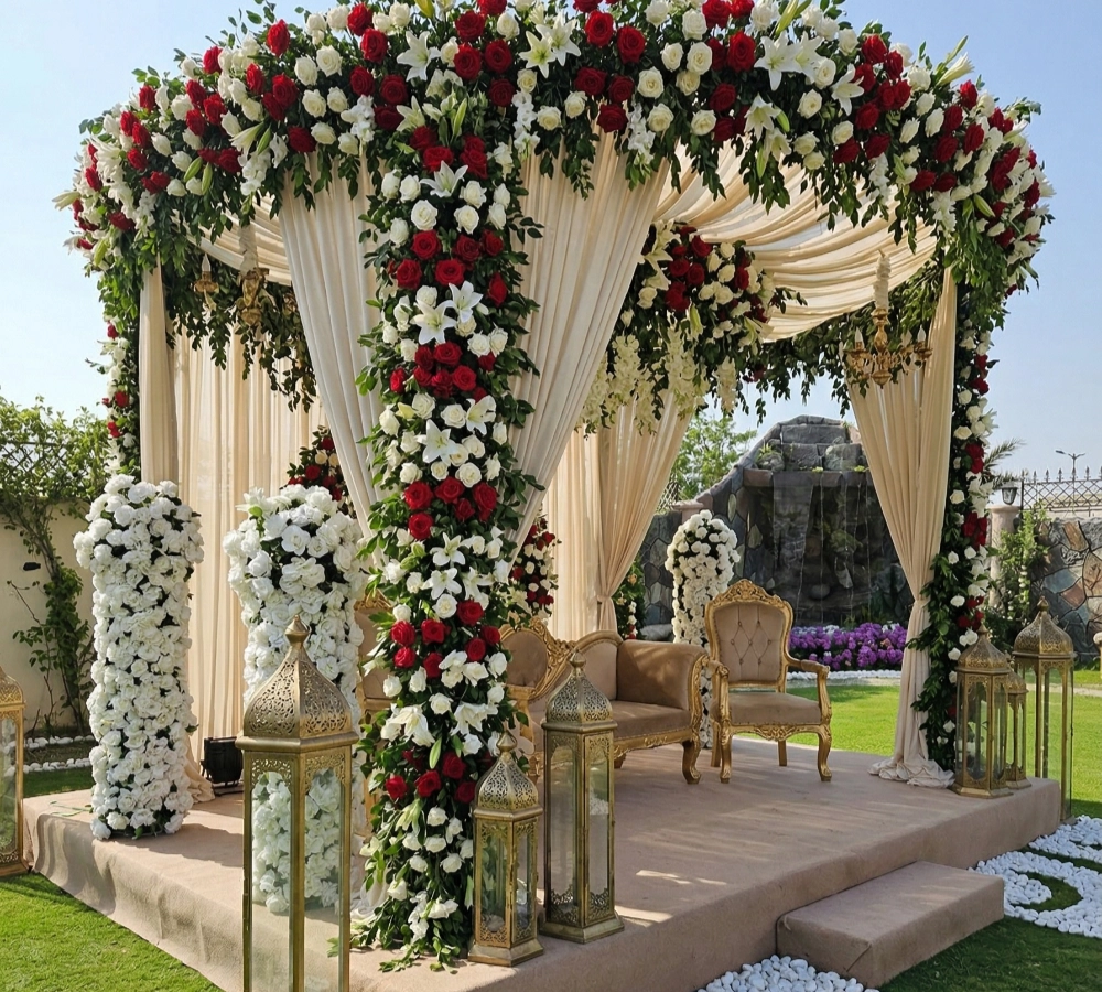 Luxury outdoor wedding stage with floral canopy and seating at AH Royal Resort, perfect for bridal photoshoots in Islamabad