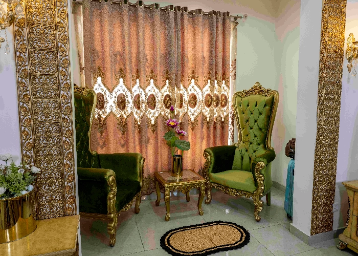 Elegant royal chairs with decorative curtains in luxury farmhouse, ideal indoor setting for premium brand photoshoots